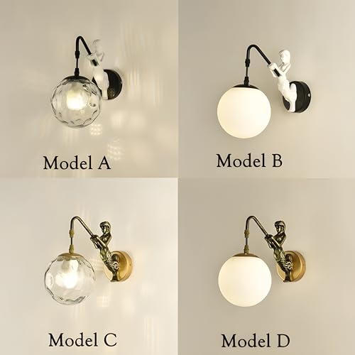 Image of Bofea-Modern Wall Sconces Mermaid Wall Light Fixtures Globe Bathroom Vanity Sconce Vintage Sconces Lighting with Milk Glass Shade & Resin Body Black Vintage Sconce for Hallway Foyer Lighting