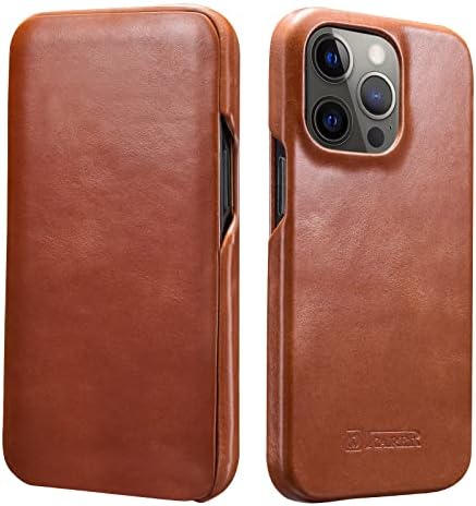ICARER iPhone 13 Pro Leather Case,Genuine Leather Flip Folio Opening Cover in Curved Edge Design, Slim Thin Side Open Case for iPhone 13 Pro 6.1 Inch 2021 (Brown)