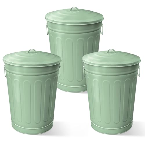 Plexon 13 Gallon Metal Trash Can with Lid Outdoor Vintage Trash Can Steel Retro Garbage Can for Kitchen Farmhouse Rustic Bird Seed Storage Pet Food Cute Bucket, Green 3 Pack