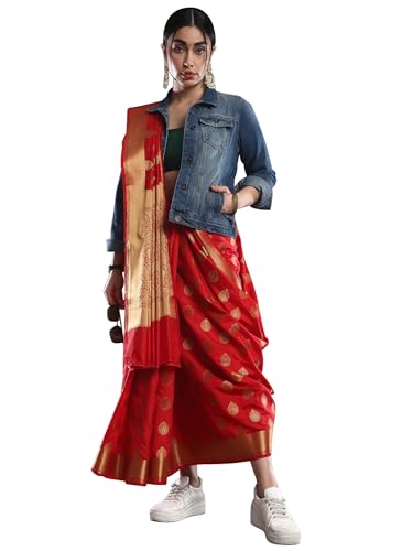 Image of AKHILAM Women's Banarasi silk Floral Saree With Unstitched Blouse Piece(Red 2RAWS9030 SNK)
