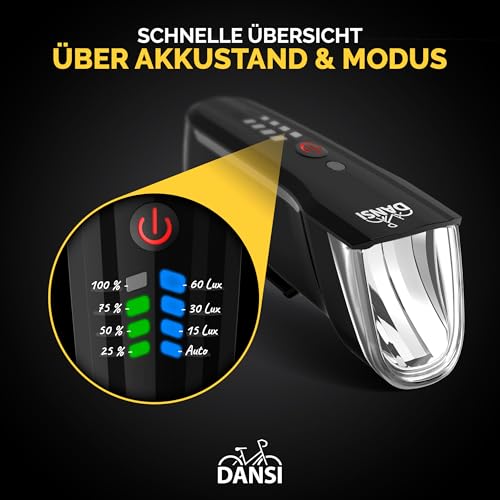 DANSI Zestaw świateł rowerowych LED – dopuszczone do ruchu drogowego o ruchu drogowym o natężeniu 60, 30 i 15 luksów, ładowane przez USB C, światło rowerowe vLED z przodu i z tyłu, automatyczne