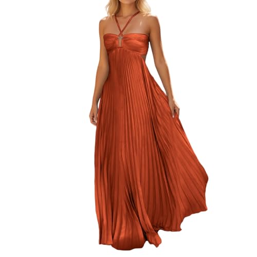 Générique Robe Ete Femme Robe d'été décontractée Unie, Bustier sans Manches à Taille smockée et Volants, idéale pour la Plage. (Orange, M)