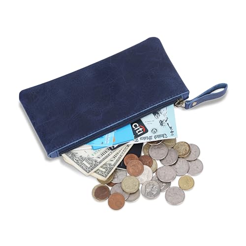 Image of Blue Leather Pencil Pouch with Zipper - Slim Pen Holder (8 inch x 4 inch Inches), Coin Pouch & Cash Holder, Genuine Leather Pencil Case, Money Organizer, Multipurpose Accessory Case for Men & Women