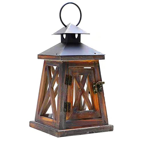 Sycyulan Vintage Wooden Rustic Lantern, Decorative Candle Lantern With Farmhouse Style For Table Top Mantle Wall Hanging Display Party Decor Indoor Outdoor (B) #TOP19