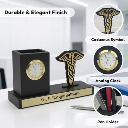 Image of Giftana Personalized Doctor Pen Stand with Name & Clock | Wooden Desk Organizer with Doctor Emblem (Caduceus Symbol) | Customized Pencil Holder for Doctors, Medical Students | Birthday Gifts