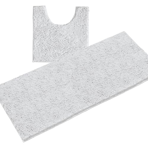 LuxUrux 2-Piece Bathroom Rug Set – Plush Chenille Runner & U-Shaped Toilet Mat, Soft, Absorbent & Non-Slip Design (20x20 U & 27x47 inches, White)