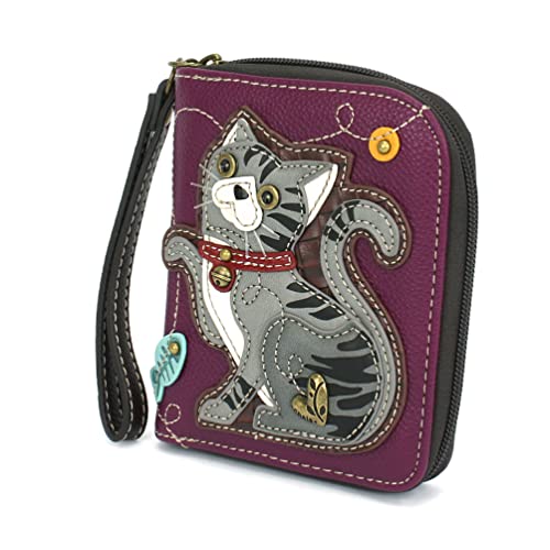 CHALA Zip Around Wallet, Wristlet, 8 Credit Card Slots, Sturdy Pu Leather - Gray Tabby Cat - Purple2