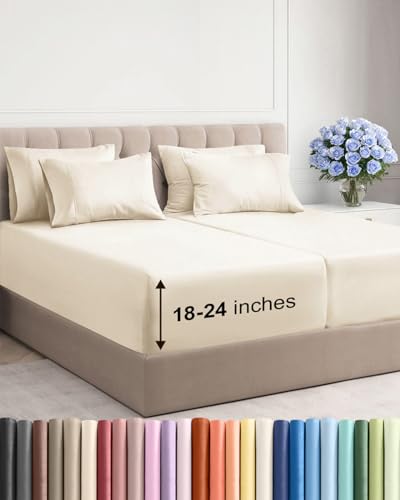 Image of Extra Deep Split King Sheet Set - 7 Piece Breathable & Cooling - Off White | Hotel Luxury Bed Sheets Set, Easy & Secure Fit, Ultra-Soft, Wrinkle & Fade Free, Comfy Sheets Set with Extra Deep Pockets