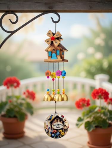Image of PARADIGM PICTURES 4 Bell Wind Chime for Balcony Decoration, 'Love Grows Here' Pendant, Garden, Terrace Decor