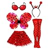 BOARDFEB Ladybug Costume Accessories, Light Up Costumes Ladybug Wings Tutu Skirt Antenna Headband Glasses Striped Knee Thigh High Socks Halloween Costume for Girl Women
