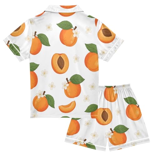 Satin Pajama Sets Short Sleeve Apricot Pattern with Flowers Button Down Silky Nightwear 2 Piece PJS 5-14Y2