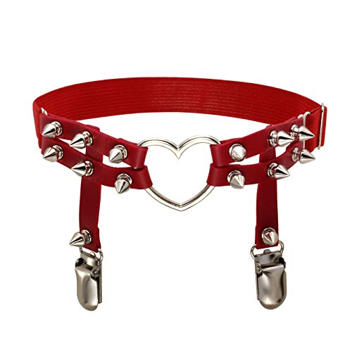MILAKOO 2 Pcs Women PU Leather Punk Rivet Stud Leg Garter Belt (Red) - Thumbnail 3