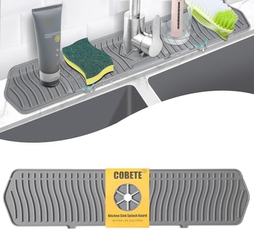 COBETE Kitchen Sink Splash Guard, 24in Faucet Mat Splash Catcher, Handle Drip Catcher Tray, Multipurpose for Kitchen Dish Drying Mats Sponge Holder and Bathroom Countertop Protect