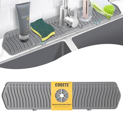 COBETE Kitchen Sink Splash Guard, 24in Faucet Mat Splash Catcher, Handle Drip Catcher Tray, Multipurpose for Kitchen Dish Drying Mats Sponge Holder and Bathroom Countertop Protect