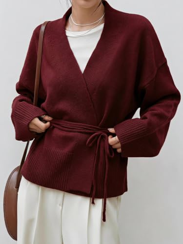 Image of WDIRARA Women's Wrap Long Sleeve Tie Front Cardigan | V Neck, Belted Sweater, Casual, Long Sleeve, Tie Waist, Knit Top