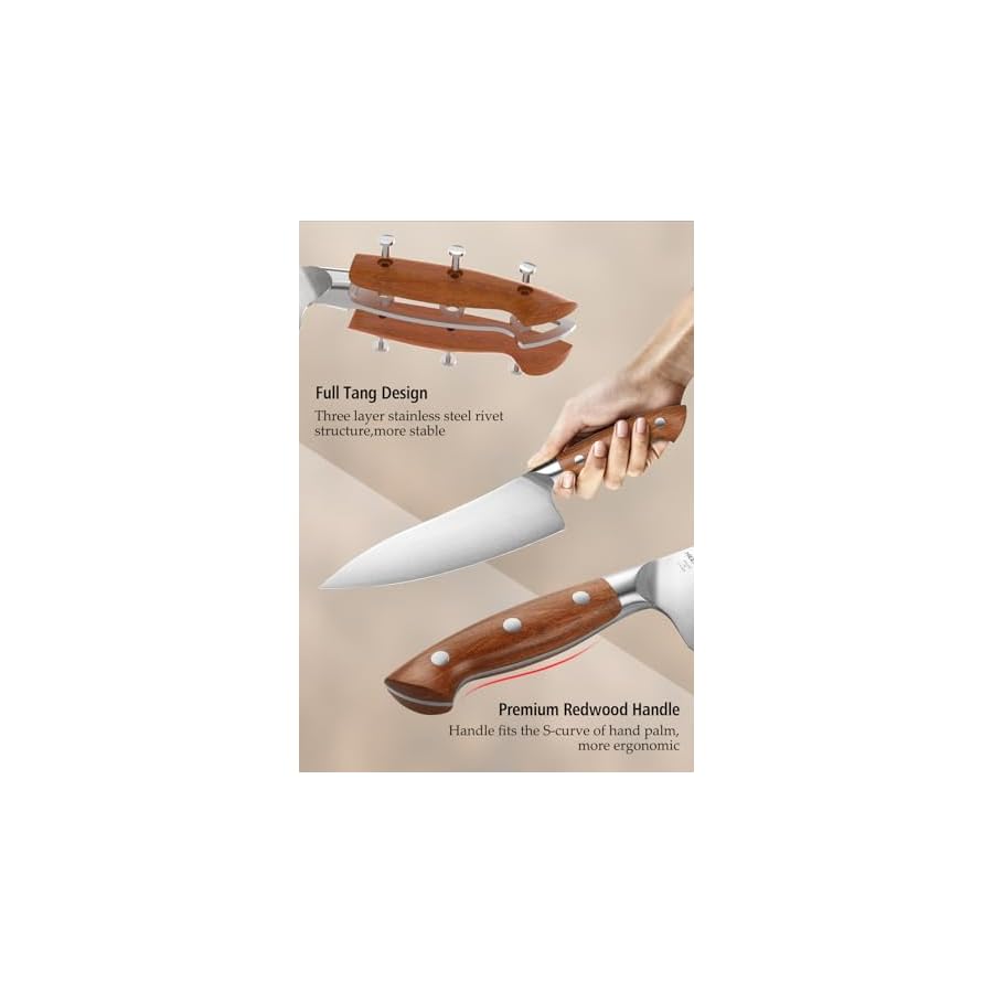HEZHEN Pro Chefs Knives 8.3 Inch, High Carbon German 1.4116 Steel, Stainless Steel Rivets with Red Wood Handle, Razor Sharp, Super Edge, with Woodend Knife Sheath