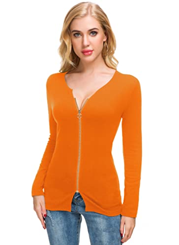 Image of Afibi Women V Neck Zip Front Long Sleeve Casual Top Blouse Shirt /Cardigan