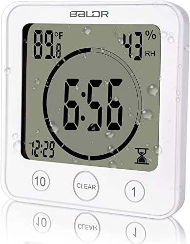 Trintion Bathroom Waterproof Digital Shower Clock With Suction Cup, Alarm, Temperature, Humidity Hygrometer, Thermometer, Countdown Timer for Kitchen - Mini Hanging Hole Stand (White)