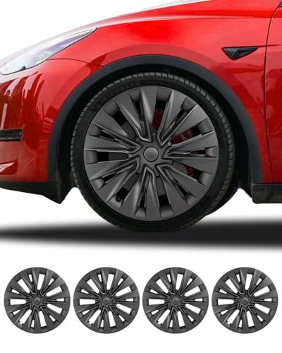Satz von 4 Ersatz 19 Radkappen kompatibel mit Tesla Model y matt schwarz (Model y 2019-2024)