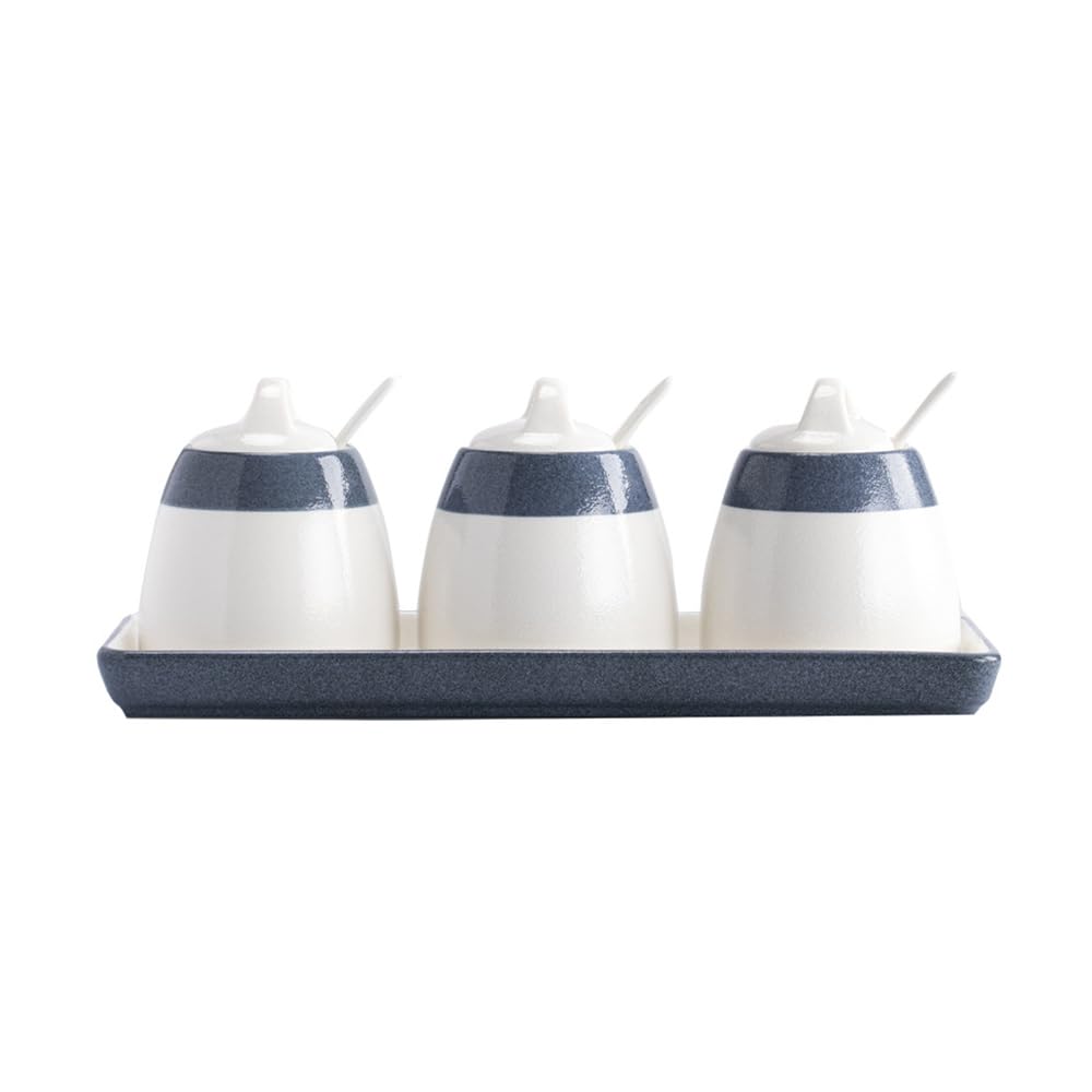 YMYL Set of 3 Ceramic Condiment Jars with Lids Spoons and Tray, 10 Oz Modern Seasoning Container Sugar Bowl Spice Jars for Home Kitchen Coffee Bar (Set 1)