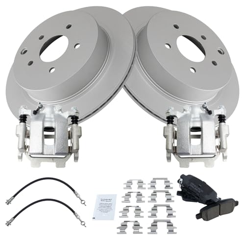 Image of TRQ Rear Brake Pad and Rotor Set Ceramic Coated Rotors Calipers Compatible with 2012-2013 Infiniti M35h 2011-2013 M37 M56 2014-2018 Q50 2017-2018 Q60 Q70 2016-2018 Q70L