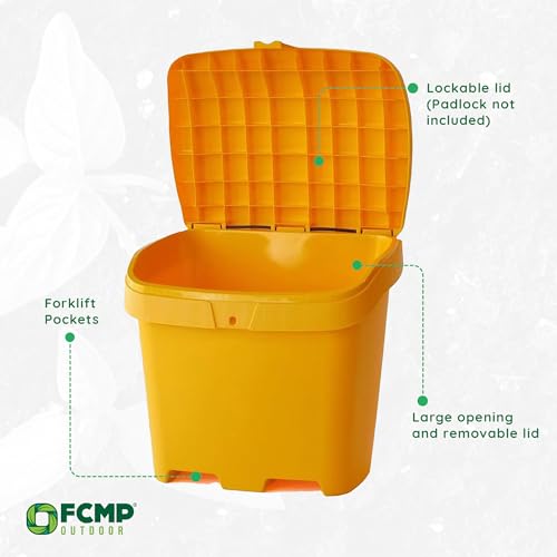 Image of FCMP Outdoor 31-Gallon Salt & Sand Storage Bin, Yellow - Lockable Lid, Weather-Resistant UV-Resistant Plastic, Forklift Pockets, Deck Box for Patio & Garden