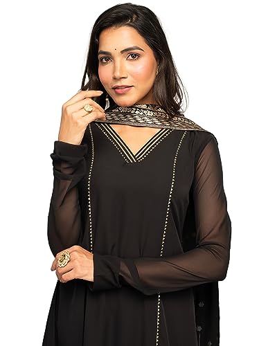 Image of FIORRA Women's Balck Crepe A-line Kurta with Pant and Dupatta