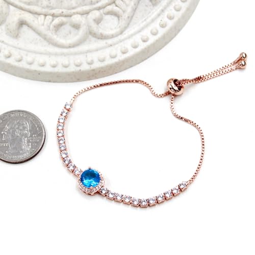 Image of Rose Plated Gold Brass Box Chain Cubic Zirconia Classic Tennis Slider Adjustable Bracelet, Round Big Zircon Charm Give Woman Mom Mother's Day Fashion Crystal Gift