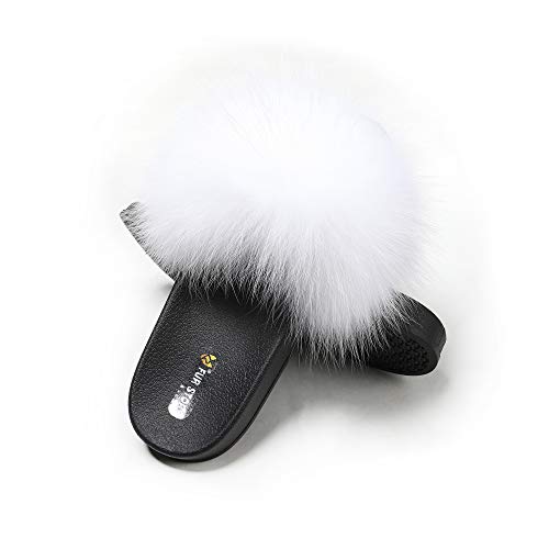 Fur Story Women's Fox Fur Slides Furry Slide for Outdoor Fluffy Sandals Open Toe Fur Slippers (White, 8.5) - Thumbnail 5
