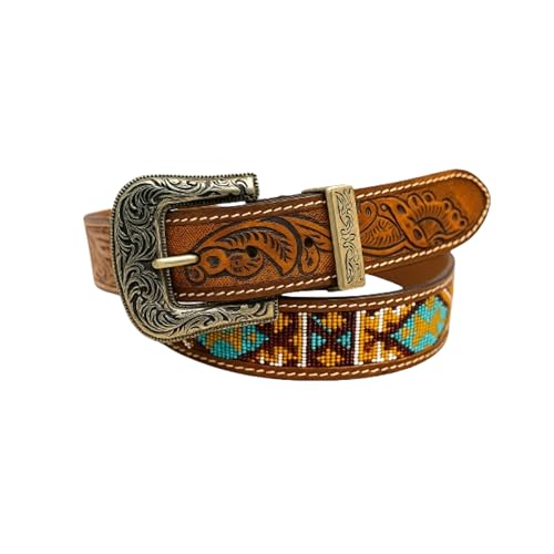 Genuine Leather Western Belt for Men & Women | Hand Tooled Floral Design | Vintage Metal Buckle