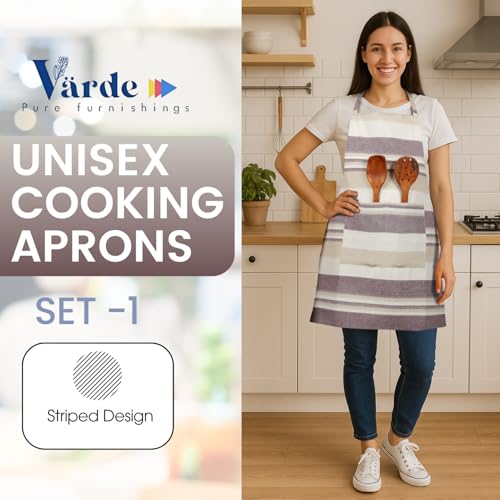 Image of Unisex Cooking Aprons | Waterproof Apron | Striped Design with 2 Front Pockets & Adjustable Neck Strap | Durable, Oil & Stain Resistant | Chef Apron for Cooking