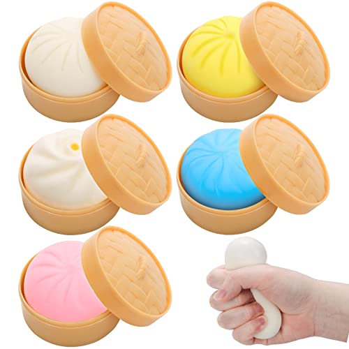 5Pcs Dumpling Squishy Stress Balls, UHOMENY 4Pcs Colorful Fidget Sensory Stress Ball and 1Pcs Mini Custard Bun Toy Dough Ball Squishy Stress Relief Bun Anti Stress Squeeze Balls with Food Steamer