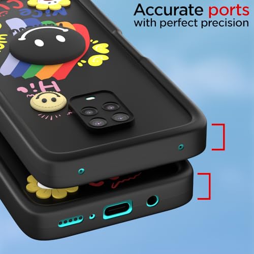 Image of Pikkme Back Cover for Redmi Note 9 Pro /Note 9 Pro Max /Poco M2 Pro /Note 10 Lite | Soft Silicone| Cute Rainbow Smile & 3D Cartoon Flower Design | Shockproof Raised Camera Protection Bumper Case (Black)