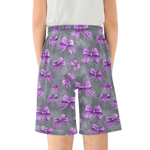 Purple Bows Sleep Shorts Summer Pajama Shorts Elastic Waist Sleep Bottoms with Pockets 6-14 Years2