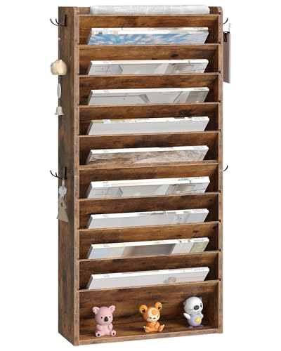 CHOEZON Wall File Organizer, 10-Tier Hanging Mail Organizer, Wall Mount File Holder with 4 Side Hooks, Mail and Storage Organizer, Wooden Vertical Hanging Holder for Office, Rustic Brown MWJ03FG