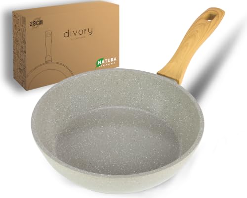 DIVORY keramická pánev 28cm - pánev s keramickým povrchem indukce, bez PFAS a PTFE, velká keramická pánev, pánve, potažená pánev na vejce - pevná rukojeť - keramická pánev (Natura, 28 cm)