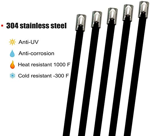 Image of ADD GEAR Stainless Steel (316) - Black Self-Locking Cable Zip Ties Exhaust Wrap Multi-Purpose DIY Locking Cable Metal Zip Ties - Black (200 mm / 8 inches) (20)