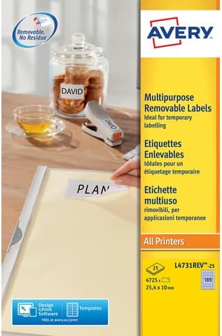 Avery L4731REV-25 Self-Adhesive Removable Mini Labels, 189 Labels Per A4  Sheet, White