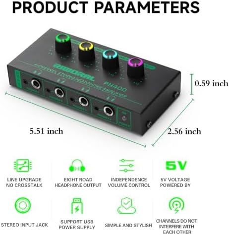 Miniatura 9 de Amplificador de auriculares de 4 canales con entrada de conector TRS de 0.138 in0.250 in para DJ mezclador amplificador divisor con 8 puertos de