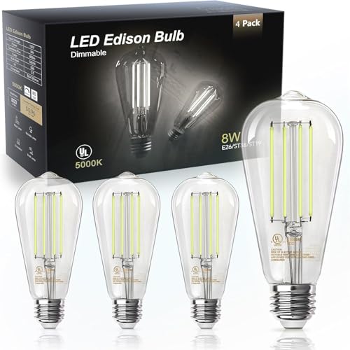 Image of TJOY Edison Light Bulbs 60W Equivalent, Dimmable Vintage LED Light Bulbs, E26 Medium Base, 5000K Daylight, ST58, 8W, 800LM, Ultra-Bright, 80+CRI, Antique Decorative LED Filament, Clear Glass, 4 Pack