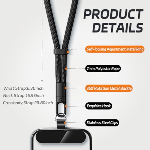 KITANIS 2 Pack Phone Lanyard,2×Phone crossbody strap,4×Tether Tabs,Universal Cell Phone Multifuctional Patch Polyester Lanyards,Cell Phone Lanyards for Women and Men(balck+grey)
