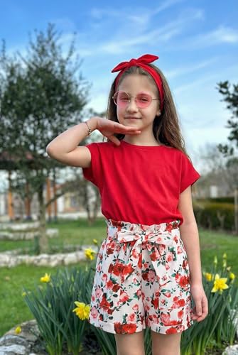 Image of Arshiner Girls 2 Piece Outfit Summer Drop Shoulder Batwing Sleeve Tops and Paperbag Waist Shorts Set Cute Clothing Size 6-14