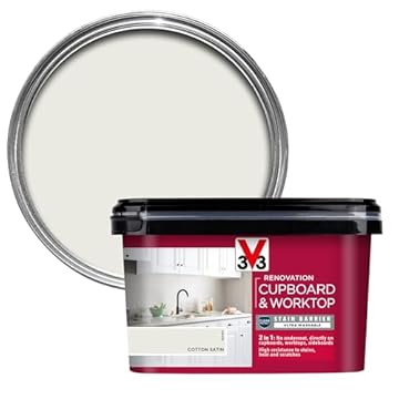 V33 Renovation Cupboard & Worktop Paint - No Undercoat Needed - High Resistance To Water Stains & Scratches - Ultra Washable - Cotton Satin 2L