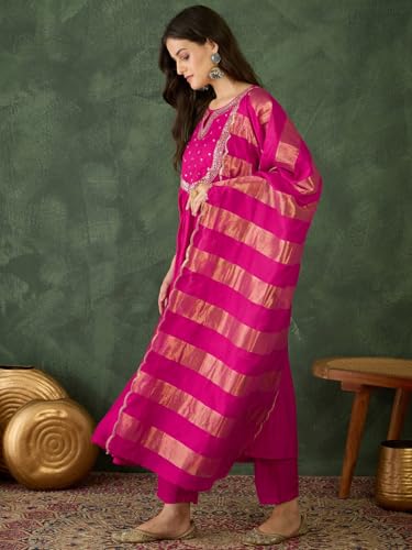 Image of Naixa Women's Chanderi Embroidered Flared Kurta with Pant and Dupatta Sets (NX-762)