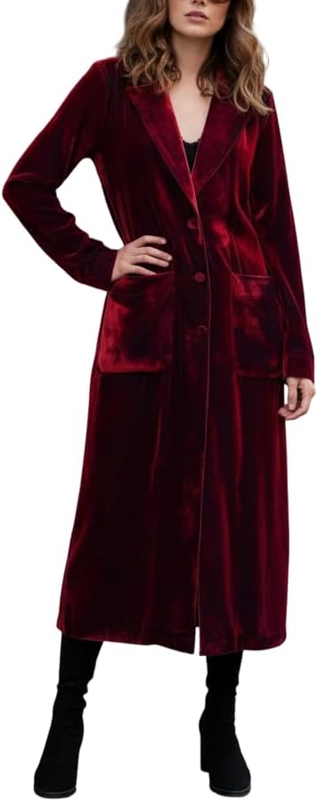 Women's Velvet Long Coat, Lapel Collar Button Down Maxi Jacket, Elegant Formal Outerwear for Fall & Winter