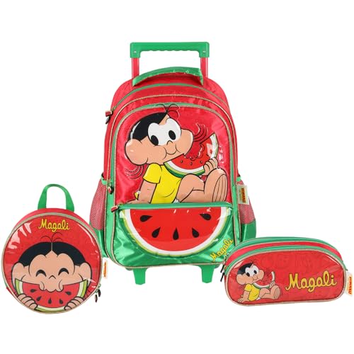 Kit Mochila Rodinhas 2 em 1 Lancheira Estojo Mônica Magali (Vermelho)