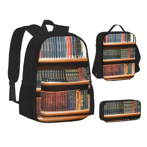 Library Bookshelf Print 3 Piece Set Backpack, Lunch Bag, Pencil Case, Cute Sturdy For College And Travel2
