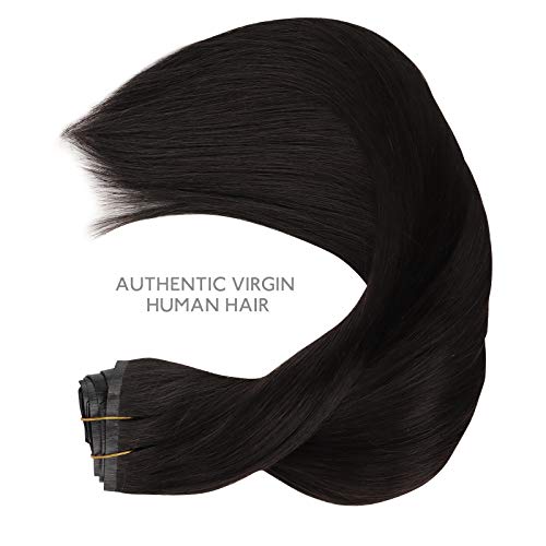 WENNALIFE Seamless Clip In Hair Extensions, 16 Inch 130g 7pcs Natural Black Hair Extensions Clip in Human Hair Invisible PU Skin Weft Natural Remy Human Hair Extensions