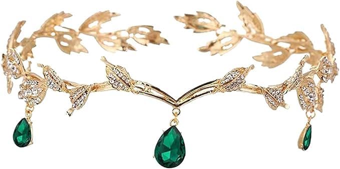 ZYEKIU Diademe Femme, Couronne Princesse avec Strass Verts, Bijoux de Tete Rétro, Accessoires Medieval Femme Réglable, pour Cosplay, Mariage, Fête, Festival...
