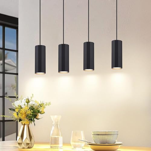 Glitzerlife Lampada a Sospensione GU10 Nero - Lampadario a Soffitto 4 Luci Con Cavo Pranzo Sospesa in Metallo Industriale per Cucina Sala da Pranzo Bar MAX.25W (Senza lampadina)